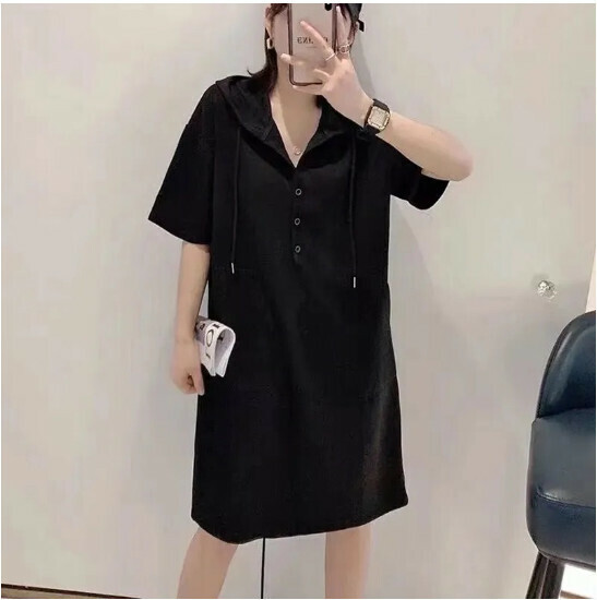 Solid color A-line hooded casual dress [black] (M-XL size) (contact customer service to confirm size after placing an order)