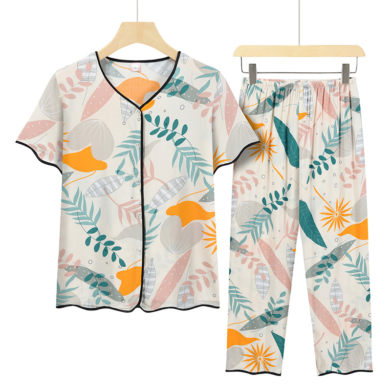 Middle-aged and elderly mothers short-sleeved suit (XL-4XL size lotus flower) [After placing an order, please contact customer service to confirm the shipping size]