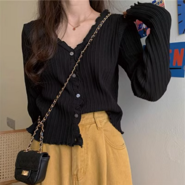 Long Sleeve Knit Slim Fit Cardigan V-Neck Casual Cropped (Black) (Size: One Size)