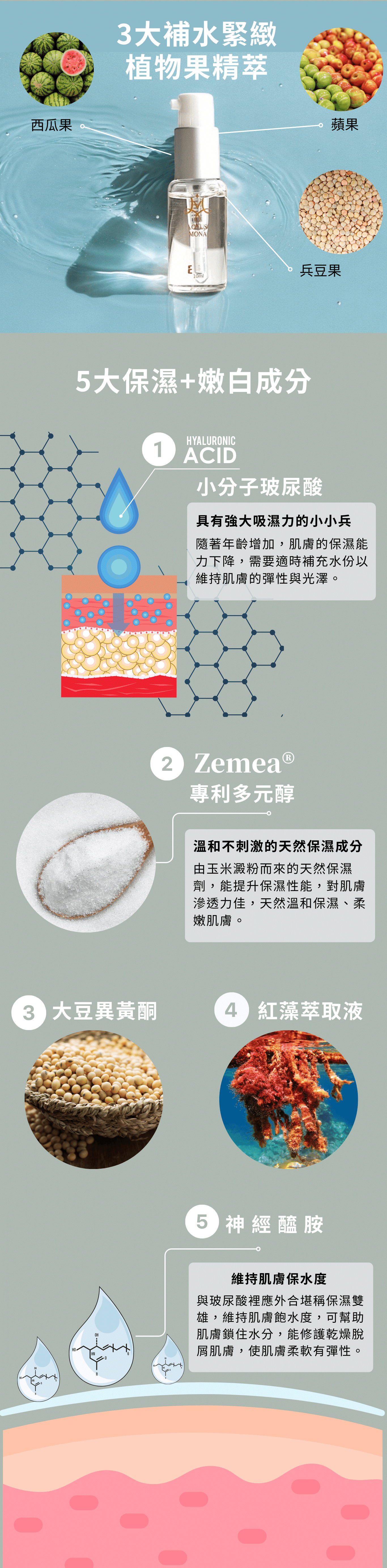 3大補水緊緻 植物果精萃 西瓜果 蘋果 兵豆果5大保濕+嫩白成分小分子玻尿酸具有強大吸濕力的小小兵隨著年齡增加,肌膚的保濕能力下降,需要適時補充水份以維持肌膚的彈性與光澤。專利多元醇 溫和不刺激的天然保濕成分由玉米澱粉而來的天然保濕劑,能提升保濕性能,對肌膚滲透力佳,天然溫和保濕、柔嫩肌膚。大豆異黃酮延緩肌膚老化 增加肌膚彈性 透亮、嫩白紅藻萃取液延緩肌膚老化 提高肌膚含水量 改善肌膚乾燥 淡化細紋神 經 醯 胺與玻尿酸裡應外合堪稱保濕雙雄,維持肌膚飽水度,可幫助肌膚鎖住水分,能修護乾燥脫屑肌膚,使肌膚柔軟有彈性。維持肌膚保水度