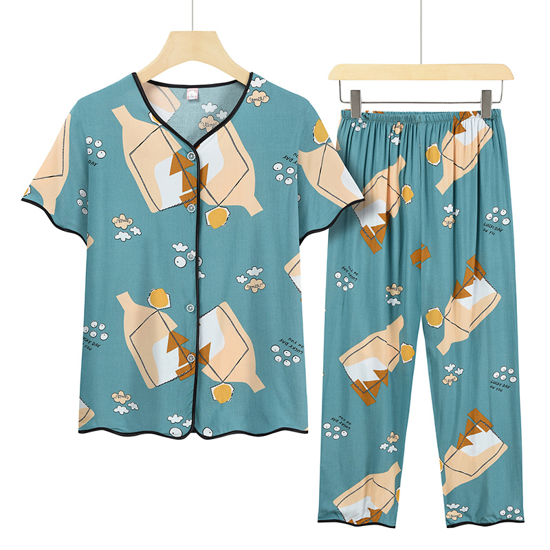 Middle-aged and elderly mothers short sleeve set (XL-4XL light blue bottle) [Please contact customer service to confirm the shipping size after placing an order]