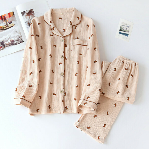 Spring and summer long-sleeved cotton gauze crepe pajama set (LH beige bear) [M-XL size] [Contact customer service to confirm the shipping size after placing an order]