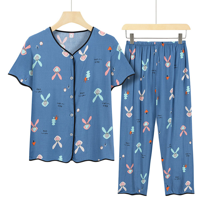 Middle-aged and elderly mom short-sleeved suit (XL-4XL blue rabbit) [Please contact customer service to confirm the shipping size after placing an order]