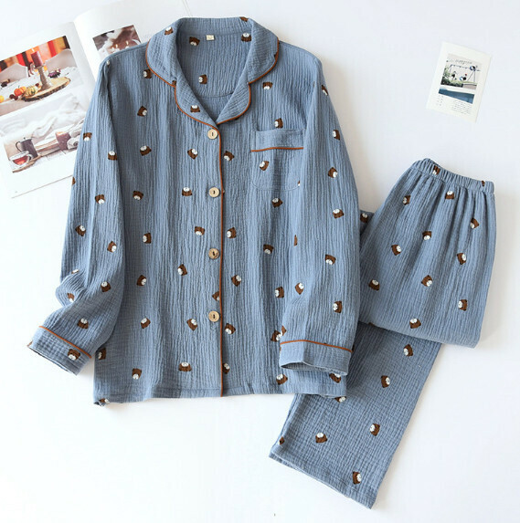 Spring and summer long-sleeved cotton gauze crepe pajama set (LH blue bear) [M-XL size] [Contact customer service to confirm the shipping size after placing an order]