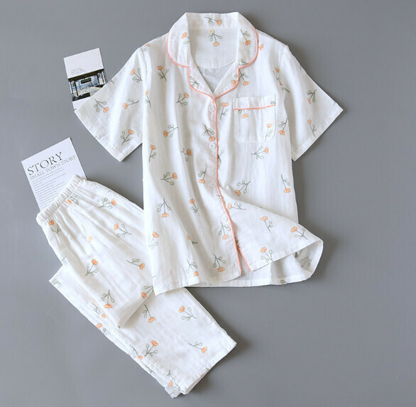 Gauze cotton short sleeve pants pajama set (SXL white floret) [M-XL size] [Contact customer service to confirm the shipping size after placing an order]