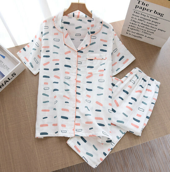Gauze cotton short sleeve pants pajama set (SXL white minus) [M-XL size] [Contact customer service to confirm the shipping size after placing an order]