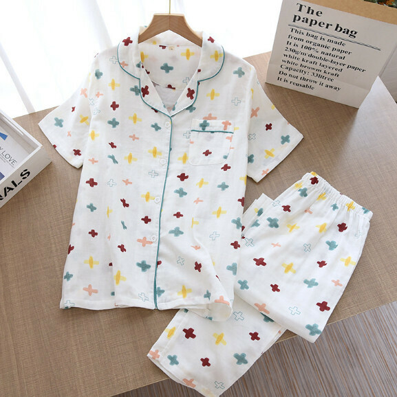 Gauze cotton short sleeve long pants pajama set (SXL white plus) [M-XL size] [Contact customer service to confirm the shipping size after placing an order]
