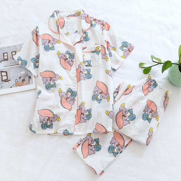 Gauze cotton short sleeve long pants pajama set (SXL white elephant) [M-XL size] [Contact customer service to confirm the shipping size after placing an order]