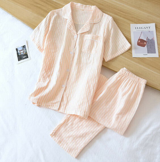 Gauze cotton short-sleeved pants pajama set (SXL pink stripes) [M-XL size] [Contact customer service to confirm the shipping size after placing an order]