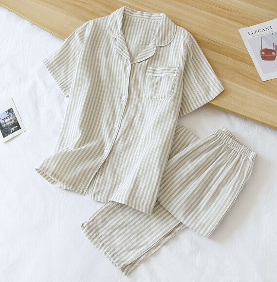 Gauze cotton short sleeve long pants pajama set (SXL brown stripes) [M-XL size] [Contact customer service to confirm the shipping size after placing an order]