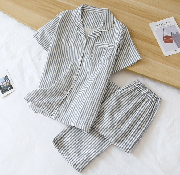 Gauze cotton short-sleeved pants pajama set (SXL navy blue stripes) [M-XL size] [Contact customer service to confirm the shipping size after placing an order]