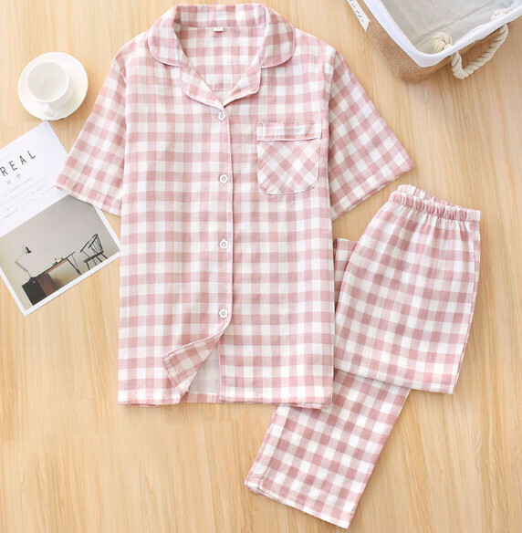 Gauze cotton short sleeve pants pajama set (SXL pink check) [M-XL size] [Contact customer service to confirm the shipping size after placing an order]