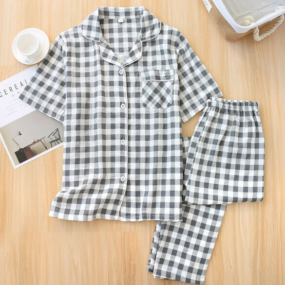 Gauze cotton short sleeve pants pajama set (SXL gray check) [M-XL size] [Contact customer service to confirm the shipping size after placing an order]