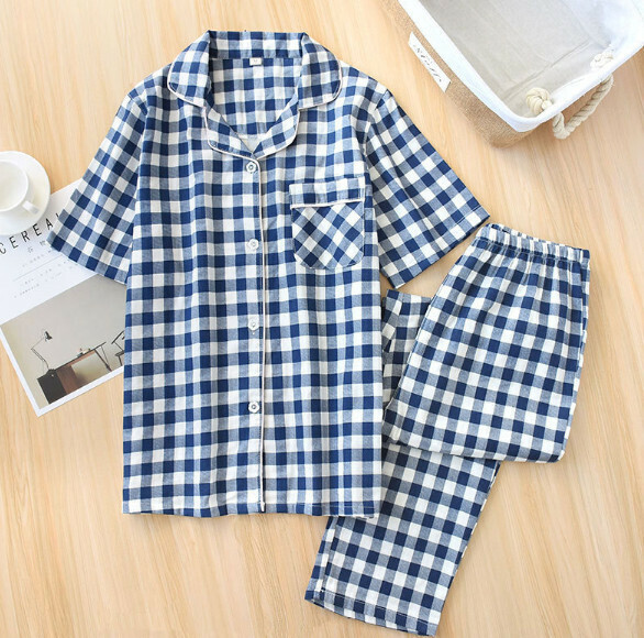 Gauze cotton short-sleeved pants pajama set (SXL navy plaid) [M-XL size] [Contact customer service to confirm the shipping size after placing an order]