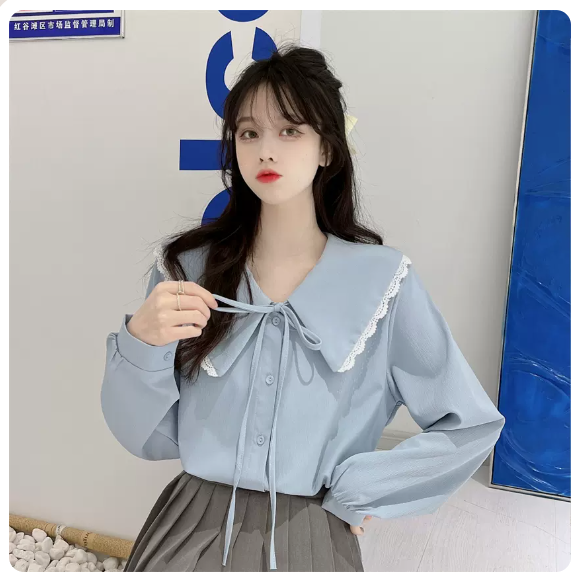 Bow tie babydoll collar shirt (blue size: S-3XL) (please contact customer service to confirm the shipping size after placing an order)