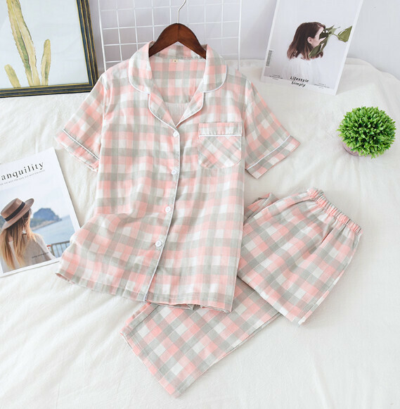 Gauze cotton short sleeve pants pajama set (SXL pink plaid) [M-XL size] [Contact customer service to confirm the shipping size after placing an order]
