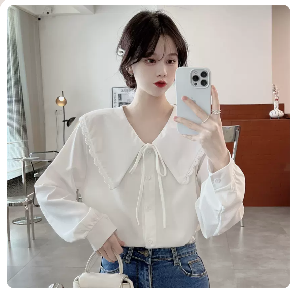 Bow tie babydoll collar shirt (white size: S-3XL) (please contact customer service to confirm the shipping size after placing an order)