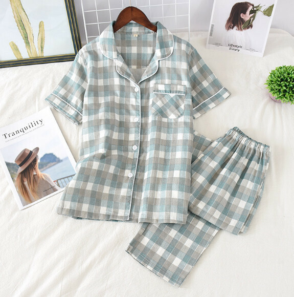 Gauze cotton short sleeve long pants pajama set (SXL gray green checkered) [M-XL size] [Contact customer service to confirm the shipping size after placing an order]