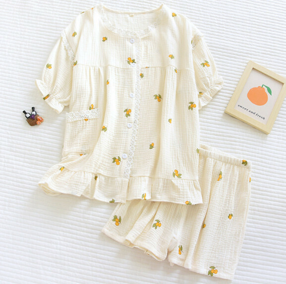 Summer Crepe Crew Neck Lace Short Sleeve Short Pajamas (XK Beige Small Lemon) [M-XL Size] [Contact Customer Service to Confirm Shipping Size After Placing an Order]