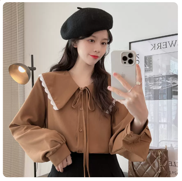 Bow tie babydoll collar shirt (brown size: S-3XL) (please contact customer service to confirm the shipping size after placing an order)