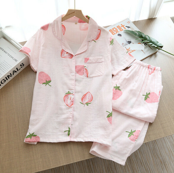 Gauze cotton short sleeve pants pajama set (SXL pink big strawberry) [M-XL size] [Contact customer service to confirm the shipping size after placing an order]