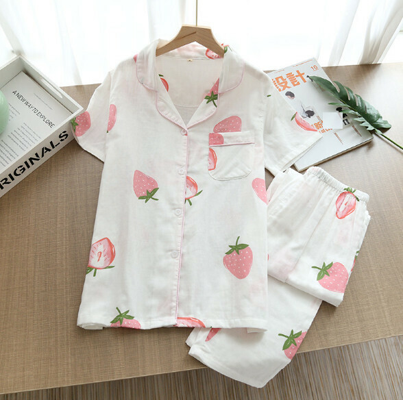 Gauze cotton short-sleeved pants pajama set (SXL white grass) [M-XL size] [Contact customer service to confirm the shipping size after placing an order]