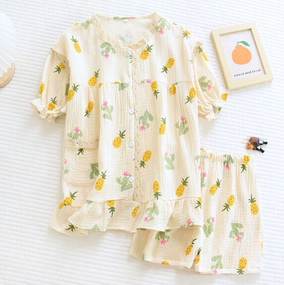 Summer Crepe Crew Neck Lace Short Sleeve Short Pajamas (XK Yellow Pineapple) [M-XL Size] [Contact Customer Service to Confirm Shipping Size After Placing an Order]