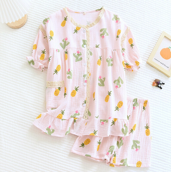 Summer Crepe Round Neck Lace Short Sleeve Short Pajamas (XK Pink Pineapple) [M-XL Size] [Contact Customer Service to Confirm Shipping Size after Placing an Order]