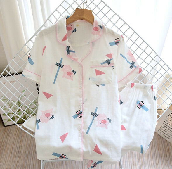 Gauze cotton short-sleeved pants pajama set (SXL pink cute piggy) [M-XL size] [Contact customer service to confirm the shipping size after placing an order]