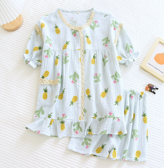 Summer Crepe Crew Neck Lace Short Sleeve Short Pajamas (XK Blue Pineapple) [M-XL Size] [Contact Customer Service to Confirm Shipping Size after Placing an Order]