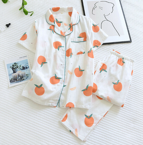 Gauze cotton short-sleeved pants pajama set (SXL small orange) [M-XL size] [Contact customer service to confirm the shipping size after placing an order]