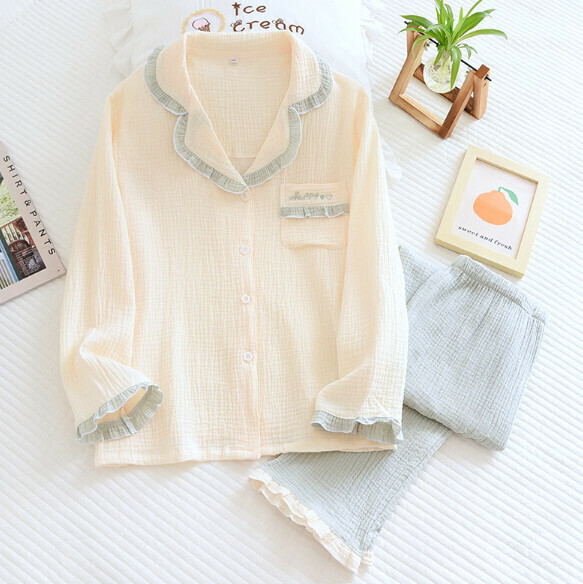 Crepe long-sleeved pajama set (LH green) [M-XL size] [Contact customer service to confirm the shipping size after placing an order]
