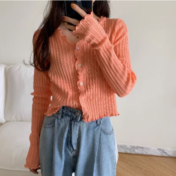 Long Sleeve Knit Slim Fit Cardigan V-Neck Casual Cropped (Pink) ( Size: One Size)