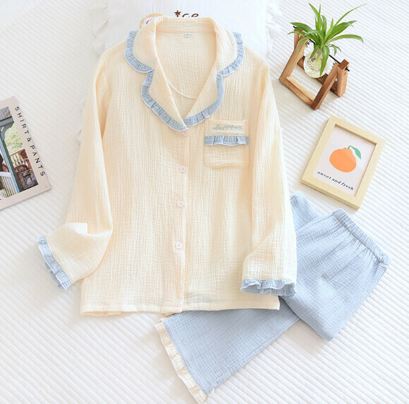 Crepe Long Sleeved Pajama Set (LH Blue) [M-XL Size] [Contact Customer Service to Confirm Shipping Size after Placing an Order]