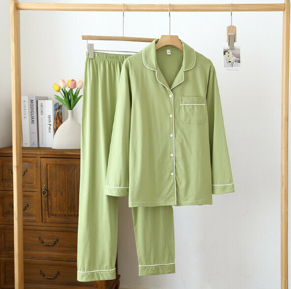 Summer Cardigan Long Sleeve Simple Pajama Set (HLL Green) [M-XL Size] [Contact Customer Service to Confirm Shipping Size after Placing an Order]