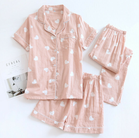 Summer short-sleeved trousers short cotton yarn pajamas three-piece set (LH pink heart) [M-XL size] [Contact customer service to confirm the shipping size after placing an order]