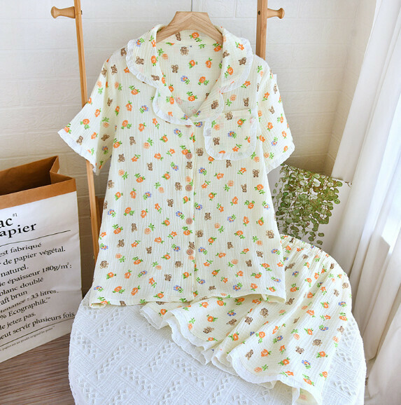 Summer loose casual crepe lace pajamas (LJ flower bear) [M-XL size] [Contact customer service to confirm the shipping size after placing an order]