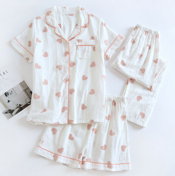 Summer short sleeve trousers short cotton yarn pajamas three-piece set (LH white heart) [M-XL size] [Contact customer service to confirm the shipping size after placing an order]