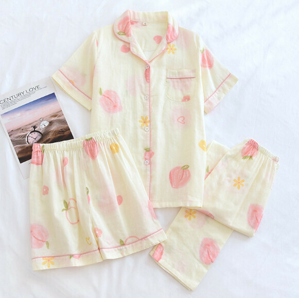 Summer short-sleeved trousers short cotton yarn pajamas three-piece set (LH beige pink peach) [M-XL size] [Contact customer service to confirm the shipping size after placing an order]