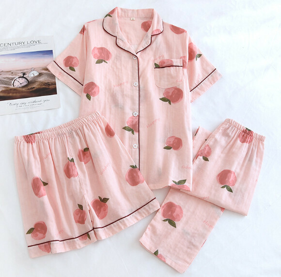 Summer short-sleeved trousers short cotton yarn pajamas three-piece set (LH pink apple) [M-XL size] [Contact customer service to confirm the shipping size after placing an order]