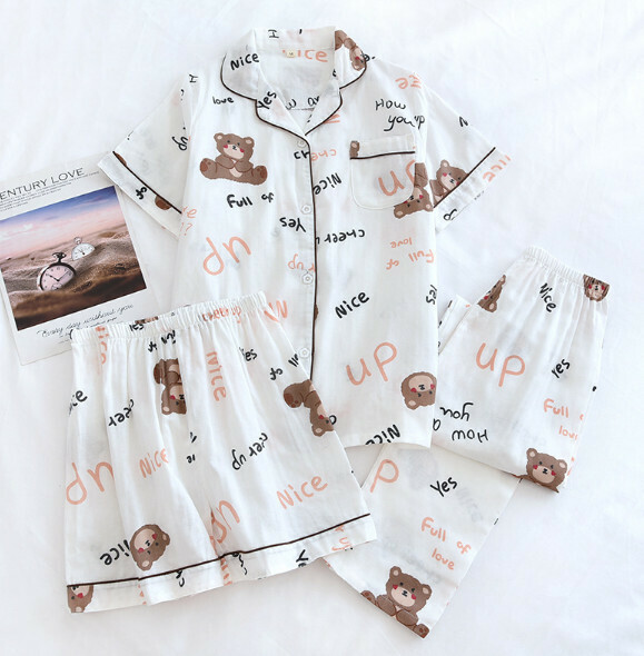 Summer short-sleeved trousers short cotton gauze pajamas three-piece set (LH white letter bear) [M-XL size] [Contact customer service to confirm the shipping size after placing an order]