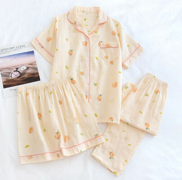 Summer short-sleeved trousers short cotton yarn pajamas three-piece set (LH beige smiley orange) [M-XL size] [Contact customer service to confirm the shipping size after placing an order]