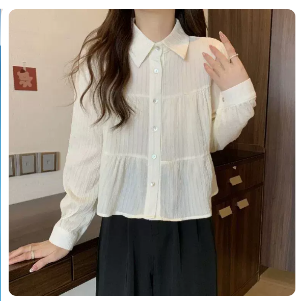 Single-breasted long-sleeved babydoll shirt with lapel (apricot size: S-3XL) (please contact customer service to confirm the shipping size after placing an order)