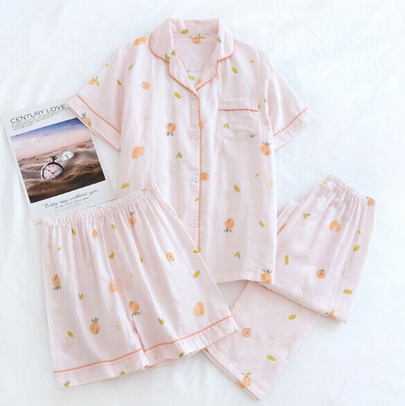 Summer short-sleeved trousers short cotton yarn pajamas three-piece set (LH pink smiley orange) [M-XL size] [Contact customer service to confirm the shipping size after placing an order]