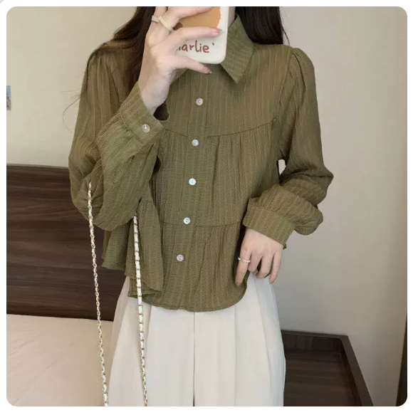 Lapel single-breasted long-sleeved babydoll shirt (green size: S-3XL) (please contact customer service to confirm the shipping size after placing an order)