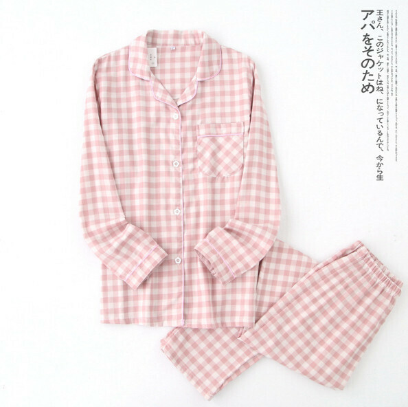 Plaid long-sleeved pajama set (pink) [M-XL size] [Contact customer service to confirm the shipping size after placing the order]