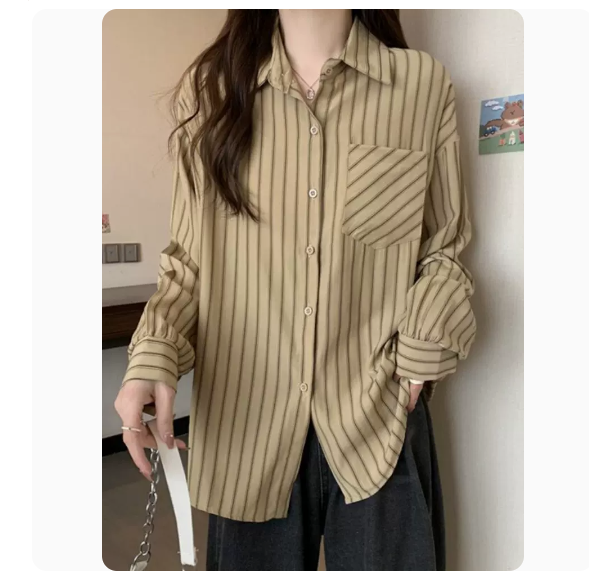 Vertical Stripe Long Sleeve Shirt (Khaki Size: S-3XL) (Please contact customer service to confirm the shipping size after placing an order)