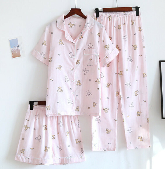 Summer short-sleeved trousers short cotton yarn pajamas three-piece set (ZHY pink bear) [M-XL size] [Contact customer service to confirm the shipping size after placing an order]