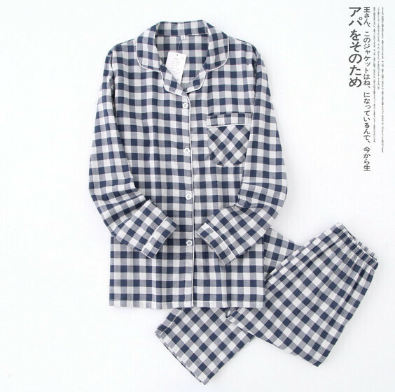 Plaid long-sleeved pajama set (navy blue) [M-XL size] [Contact customer service to confirm the shipping size after placing an order]