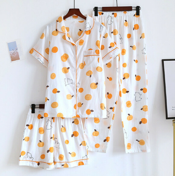 Summer short-sleeved trousers short cotton yarn pajamas three-piece set (ZHY orange bear) [M-XL size] [Contact customer service to confirm the shipping size after placing an order]